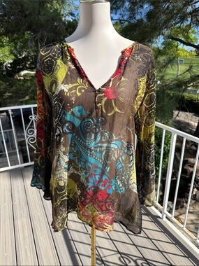 Chico's Sheer Mixed-Print V-Neck Tunic in Brown with Yellow, Blue & Red Accents